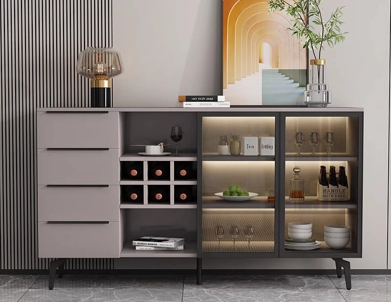 

Premium slab dining side cabinet solid wood ecological board modern simple glass door wine cabinet integrated against the wall