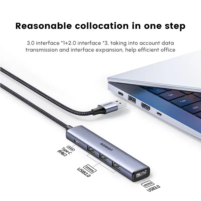 UGREEN 5 in 1 USB Hub Aluminum High Quality USB 2.0 Port Type C Charging Port Multi function Adapter for Computer Laptop