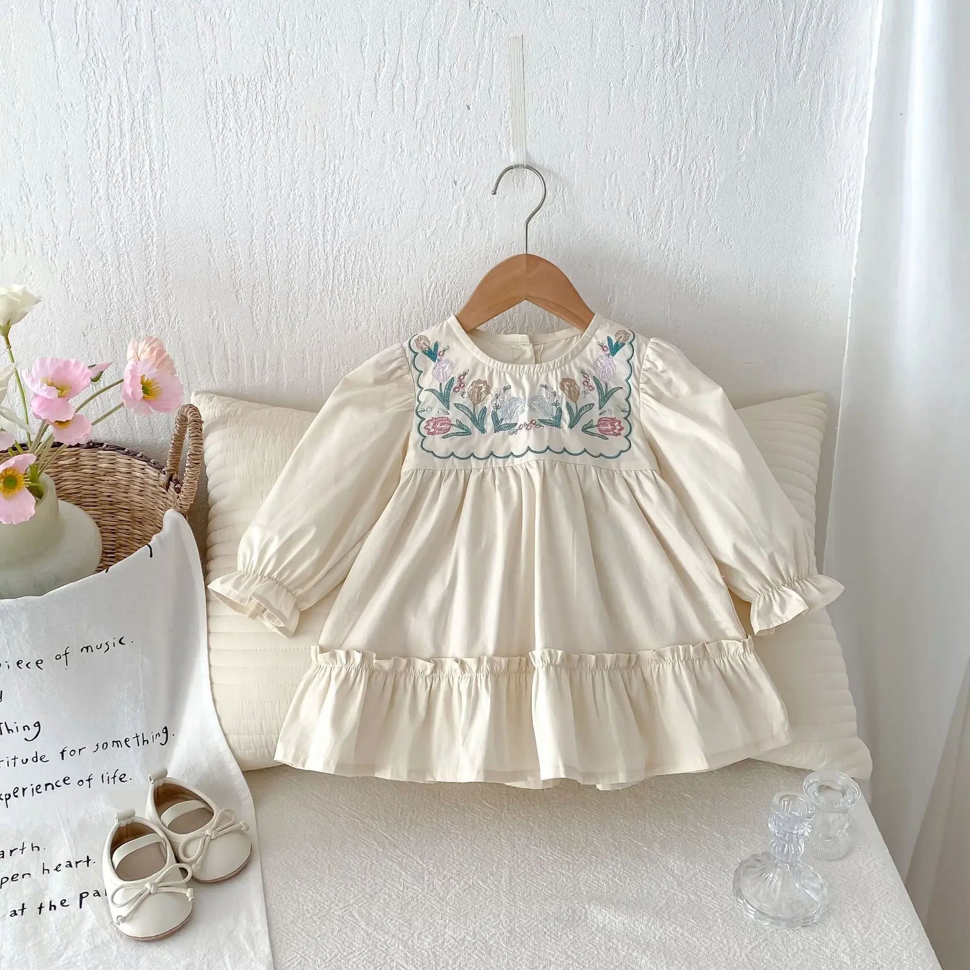 MILANCEL 2025 Spring Children's Clothing Girls Casual Dress 1-6Y Puff Sleeved Embroidered Kid's O-neck Princess Dress