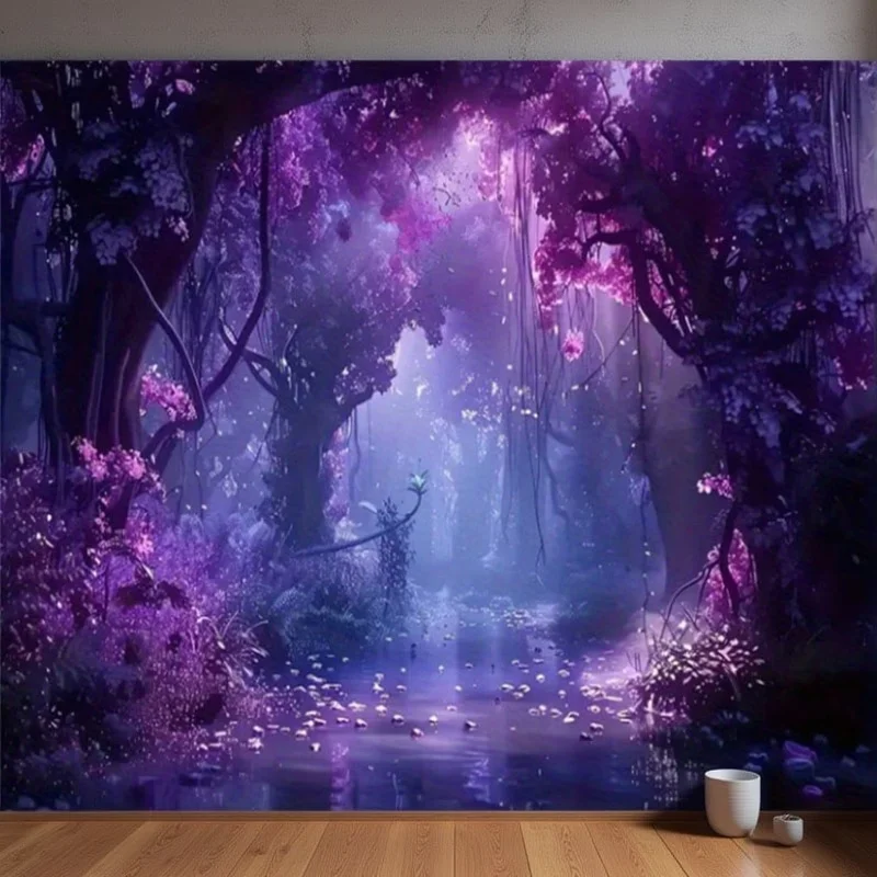 1PC Digital Printed Tapestry Wall Hanging, Purple Magical Forest Path River, Enchanted Fantasy Nature Wall Decor