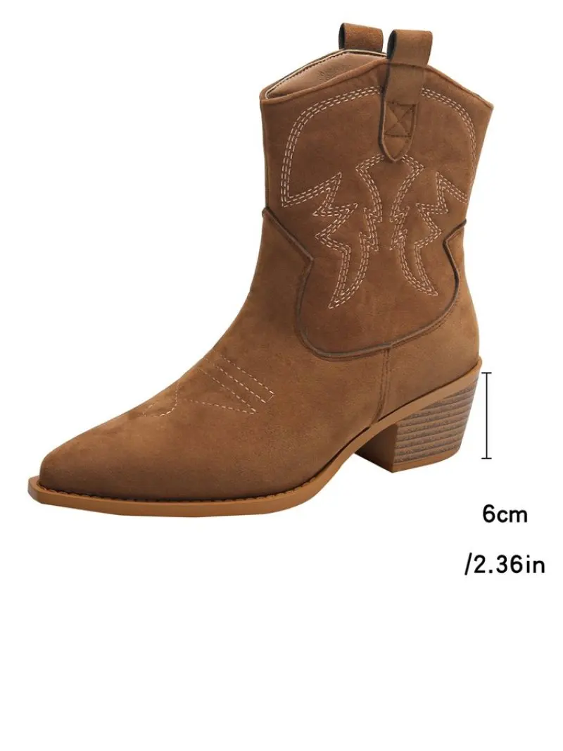 Women\'s Retro Embroidery Western Boots Autumn Winter PU Leather Cowboy Boots Female Thick Heels Pointed Toe Mid-Calf Botas 2024