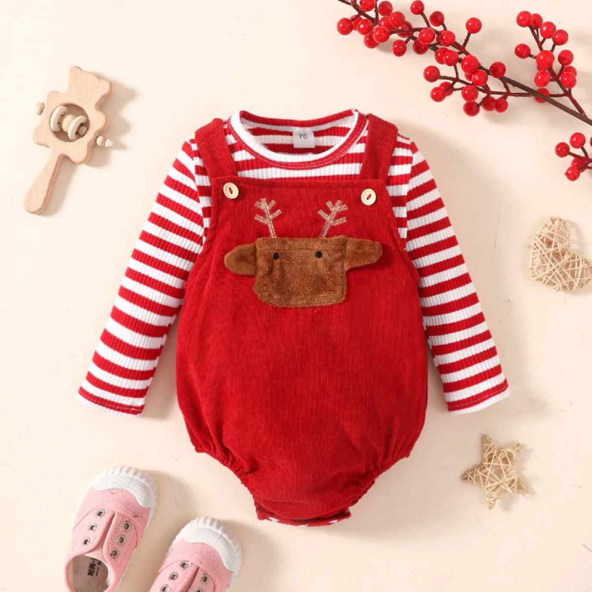 Baby boys and girls Christmas striped long sleeved top with straps, buttocks, triangle climbing suit set