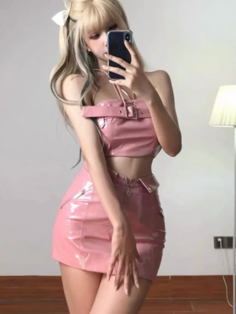 Fashion Sweet Pink Strapless Vest for Women+ Y2k E-Girl High Waist Bodycon Leather Skirts 2024 Summer New Two Piece Sets