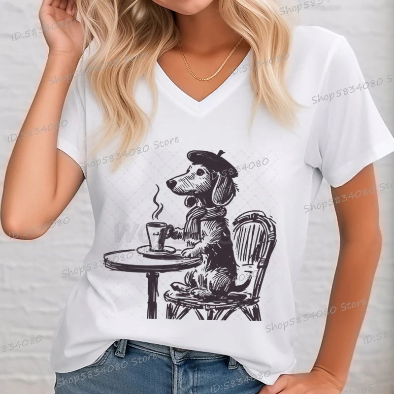Vintage Dog T-Shirt for Women Coffee Dachshund Mom Short Sleeve Tee Coffee Lover Gift Fashion Dachshund Owner Funny T Shirts
