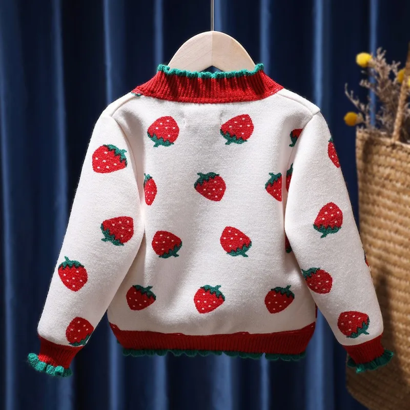 Children Clothing Cute Strawberry Print Single Breast V Neck Cardigan Girl Sweet Fashion Outing Knitted Sweater Casual Warm Coat