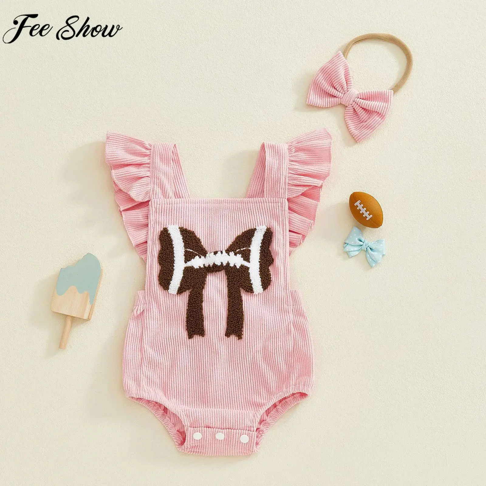 

Toddler Baby Girls Birthday Party Photography Cake Smash Outfit Ruffled Sleeve Bowknot Buttons Corduroy Romper with Headband