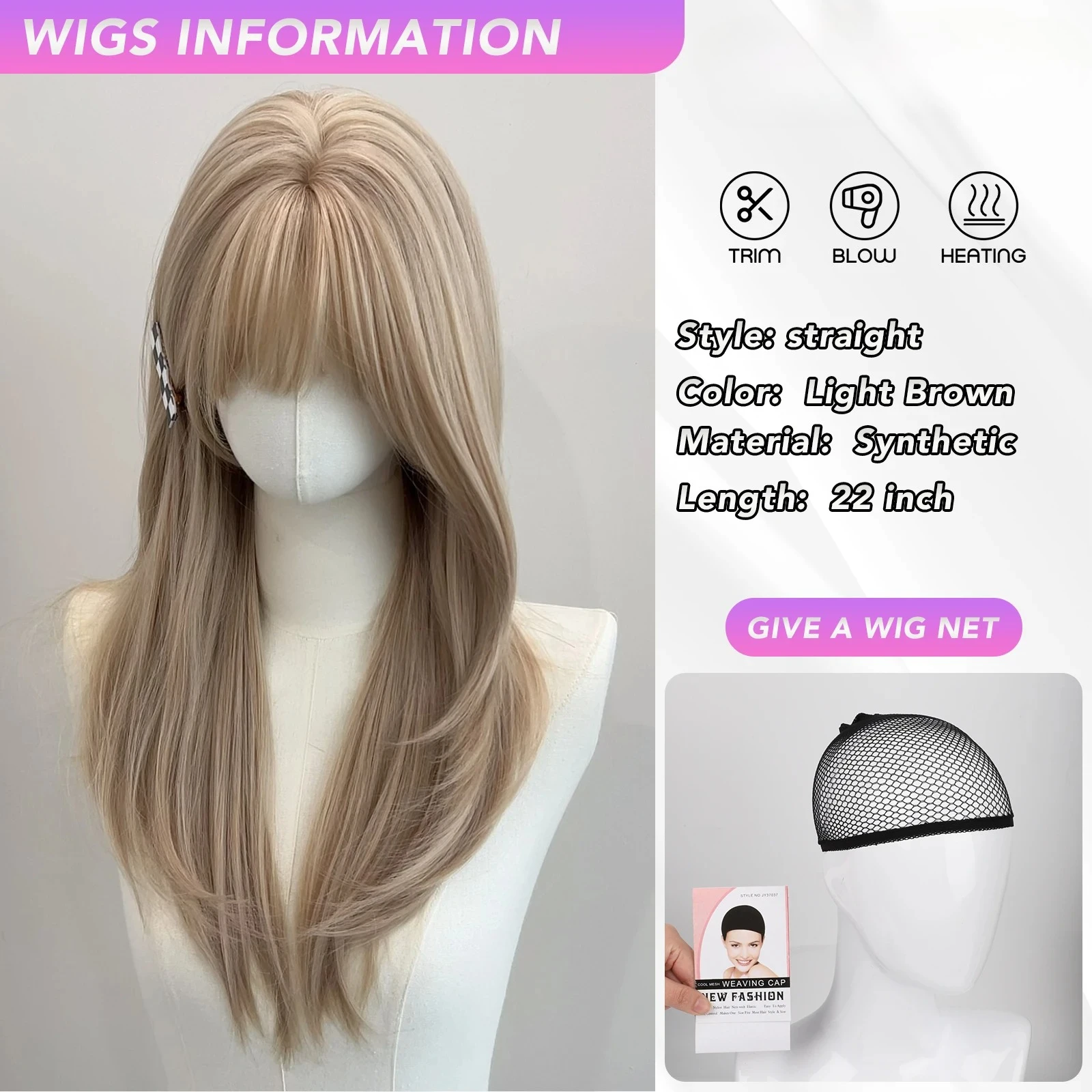 22 Inch Synthetic Air Bangs Wig Straight Layered Straight Wigs Fiber Heat-resistant Party or Selfie For Women Daily Use