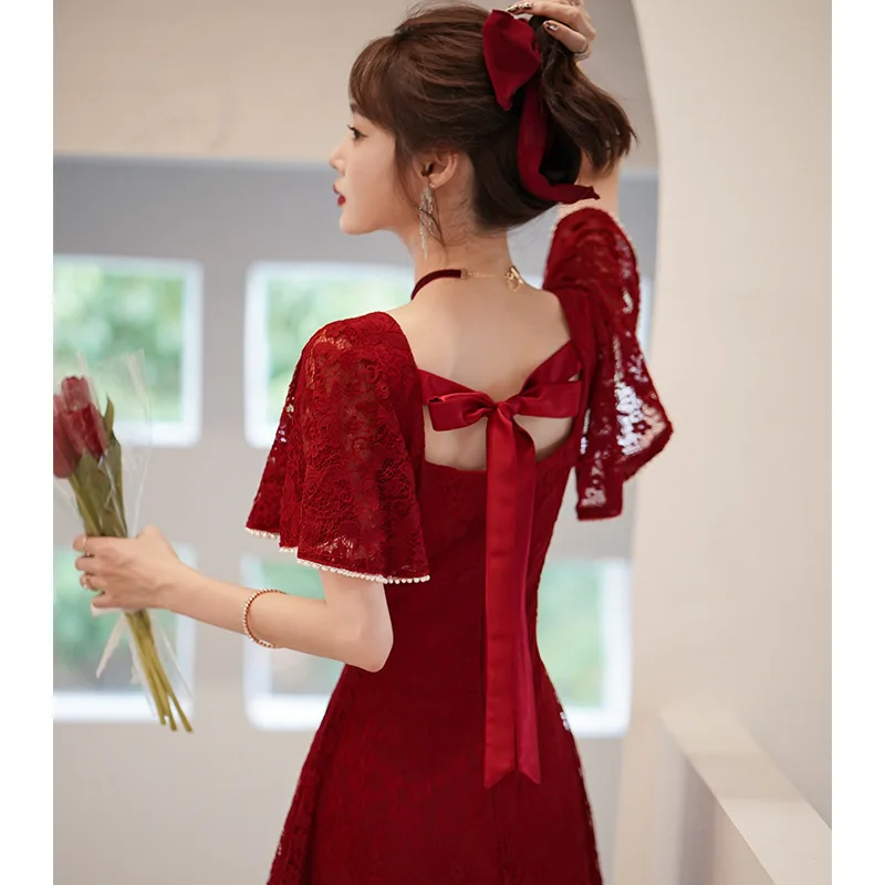 

Burgundy Wedding Cheongsam Engagement Dress New Chinese Qipao Female Toast Clothes Retro Lace Improved Sexy Slit Slim Dress