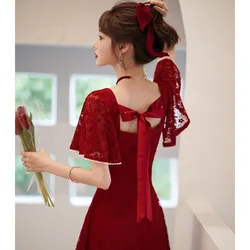 Burgundy Wedding Cheongsam Engagement Dress New Chinese Qipao Female Toast Clothes Retro Lace Improved Sexy Slit Slim Dress