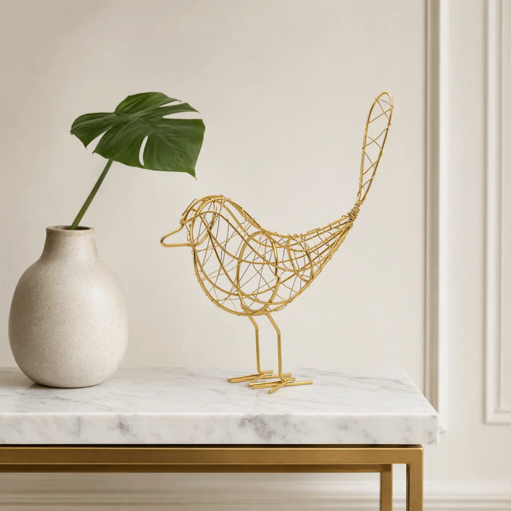 Iron Metal Wire Bird Ornament 9.06 X 7.87 in White, Black, Gold Minimalist Wire Bird Statue Hand Assembled Wire Structure