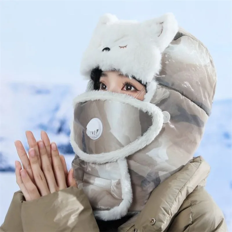 Winter Fashion Earmuffs Plus Velvet Thickening Lei Feng Hat Breathing Valve Two-piece Set Cat Ears Cold and Frost Outdoor Adult