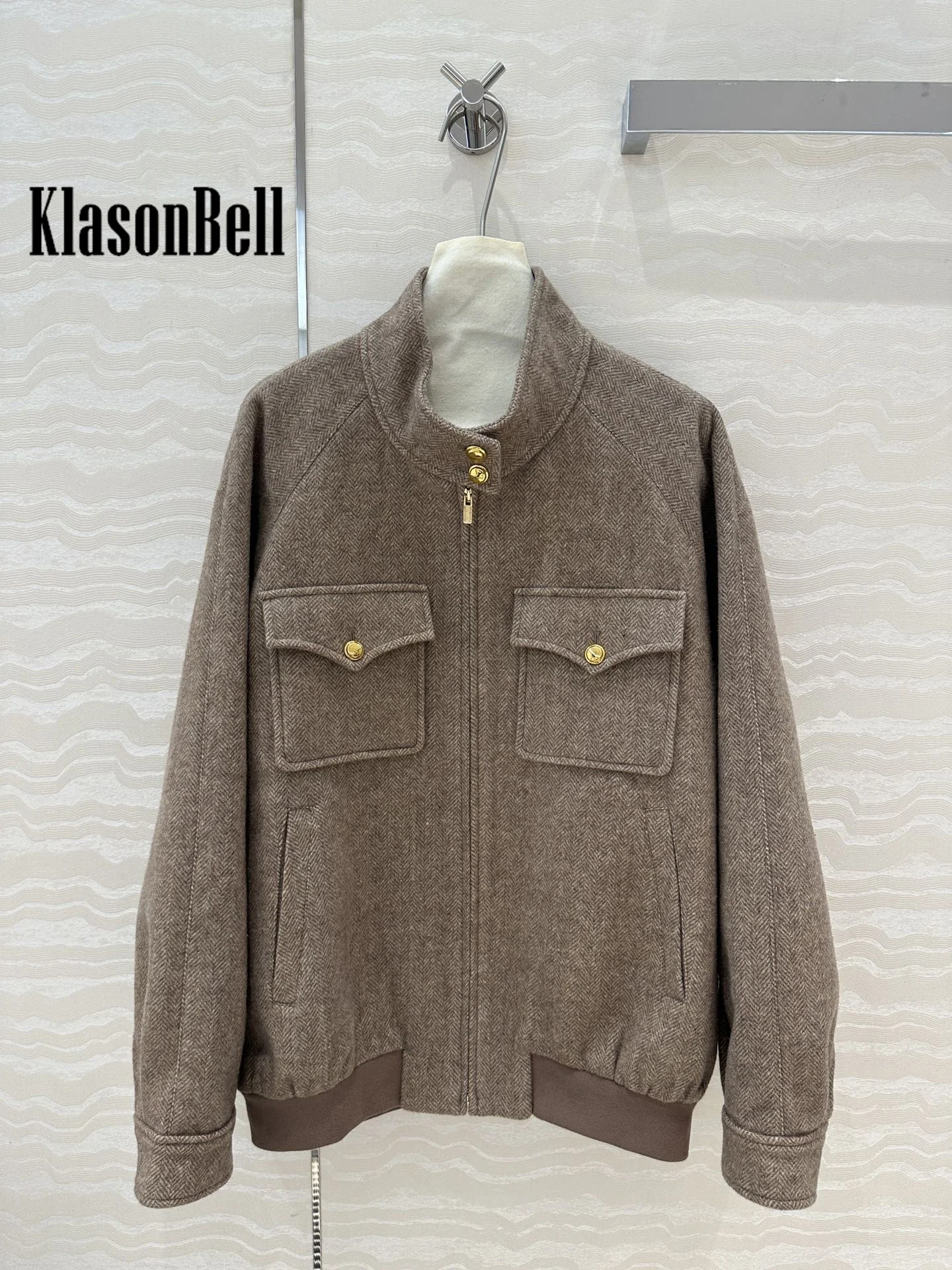 9.12 KlasonBell Wool Herringbone Letter Embroidery Pocket Zipper Men Women Same Stand Collar Jacket Or Loose Short Skirt Set