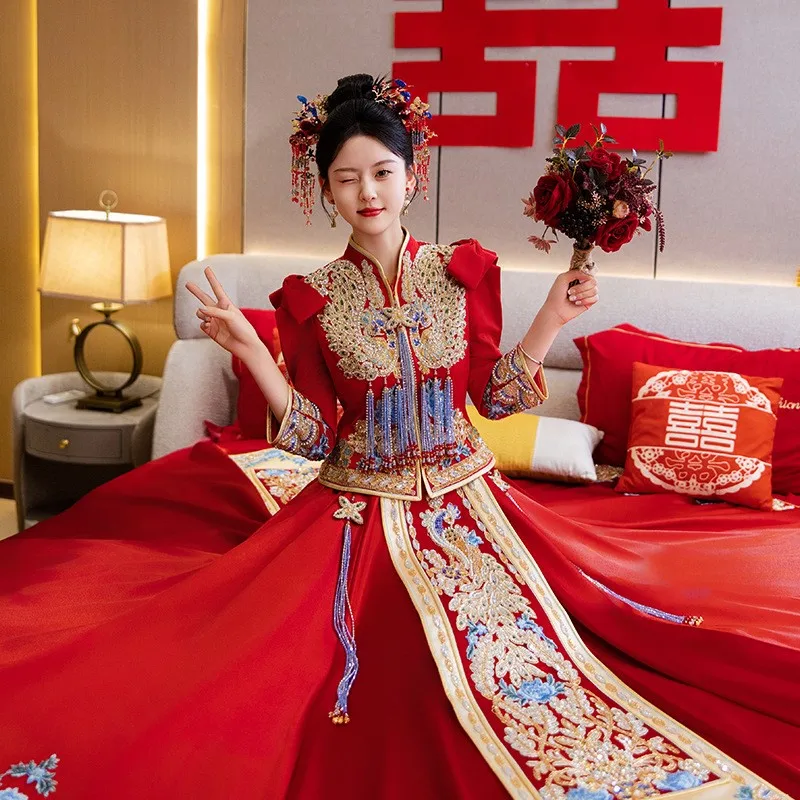 

New style of heavy industry dragon and phoenix gown wedding dress Chinese-style for toasting