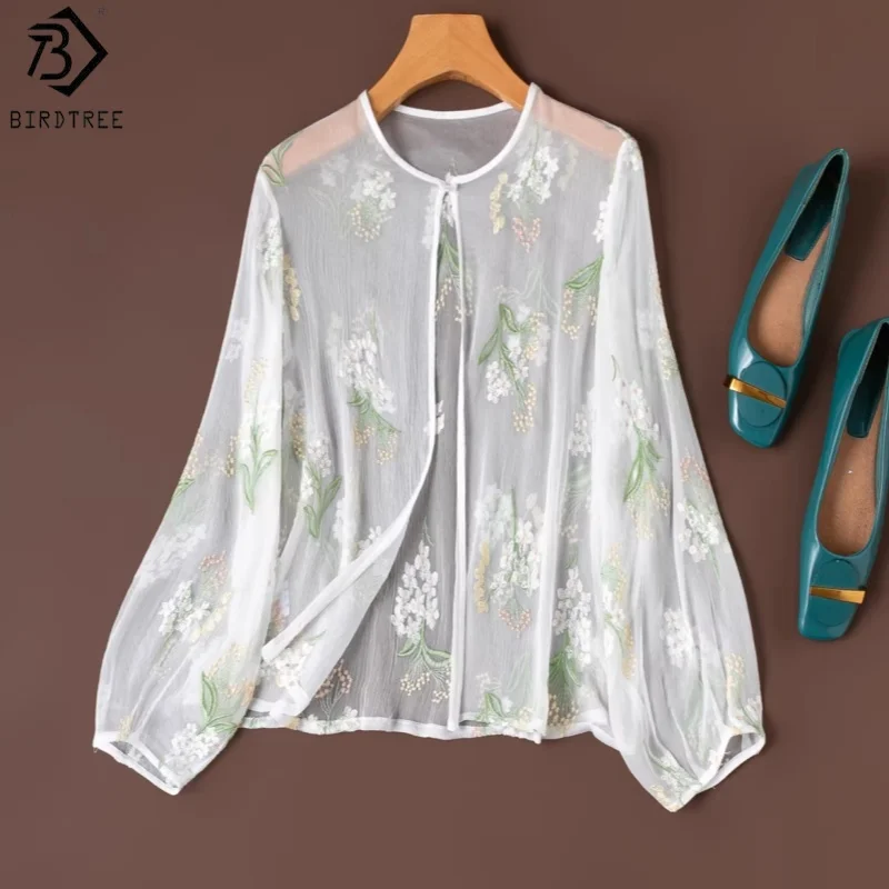 

Блузка Birdtree из 100% шелкового шифона, с круглым вырезом и длинными рукавами, женский кардиган из жоржета с вышивкой для защиты от солнца, новинка 2026 года T63902JF
