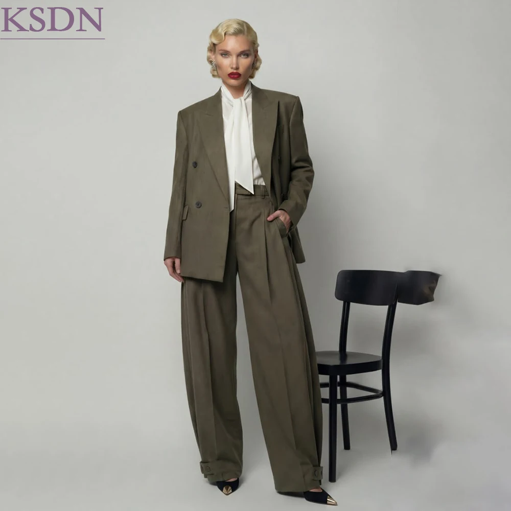 Modern Oversized Women's Suits Elegant Double Breasted Peak Lapel Blazer Customzied 2 Piece Jacket With Wide Leg Pants Outfits