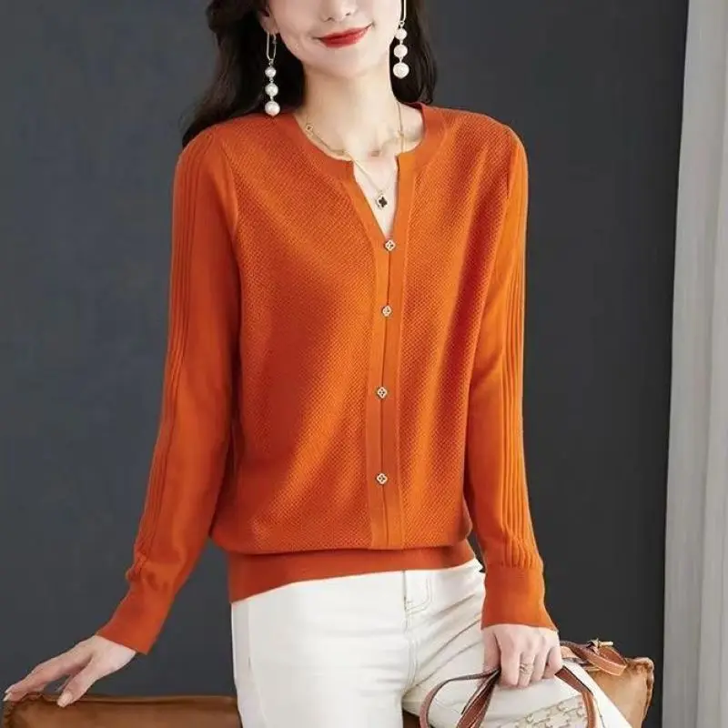 2023 New Spring and Autumn and Winter Korean Edition Minimalist V-neck Pit Stripe Long Sleeved Casual Loose Women's Sweater