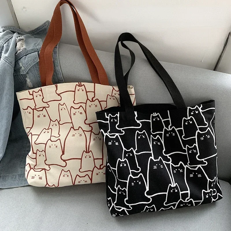 Fashion Canvas Handbag for Women Large Capacity Cute Cat Print Casual Tote with Zipper Ladies Cartoon Shoulder Bag Shopper Bags