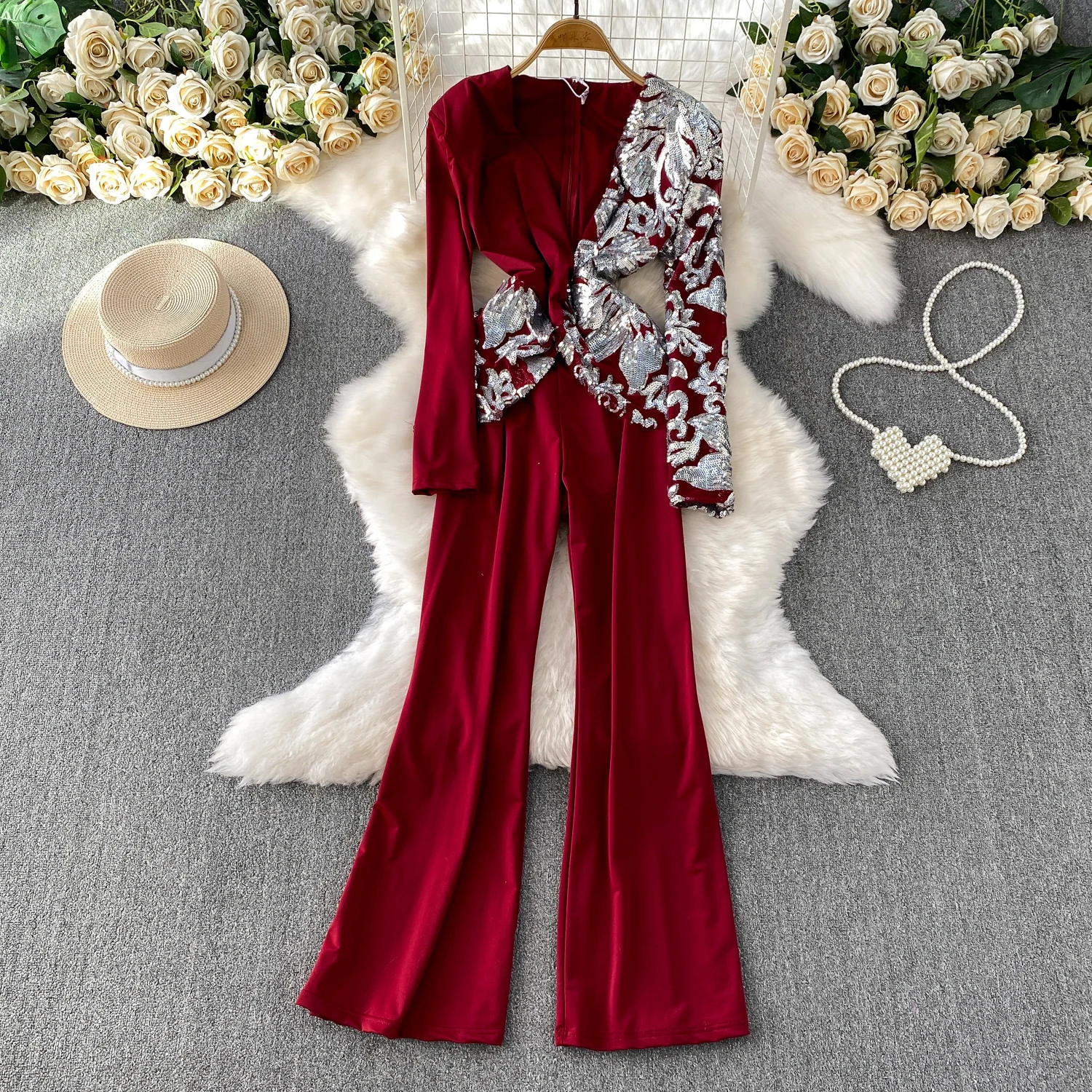 

Autumn Fashion Women's jumpsuit V-neck Long Sleeved Sequined Wide Leg Overalls American High Street Party Shiny Jumpsuits