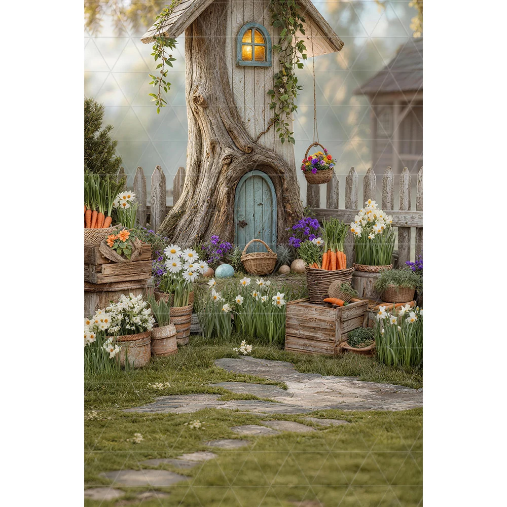 Easter Backdrops Whimsical Tree Stump Cottage With Blue Door Surrounded Carrots Daffodils Spring Blooms Fairy Tale Backgrounds
