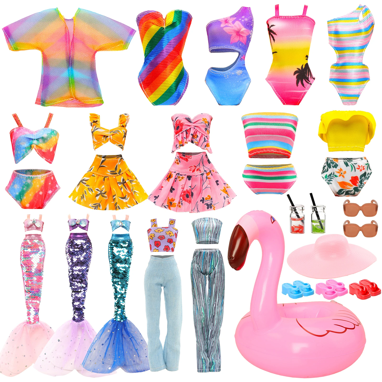 Barwa 17 PCS 1 Sequin Mermaid Swimsuit 5 Swimwears 2 Beach Outfits 3 Slippers 6 Accessories for Girl Dolls Summer Clothing Set