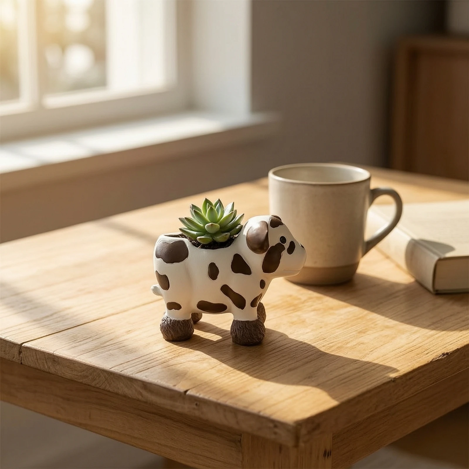 Cow Planter Cute Cow-Shaped Planter Vessel Tabletop Resin for Plant Lovers, Windowsill, Desk