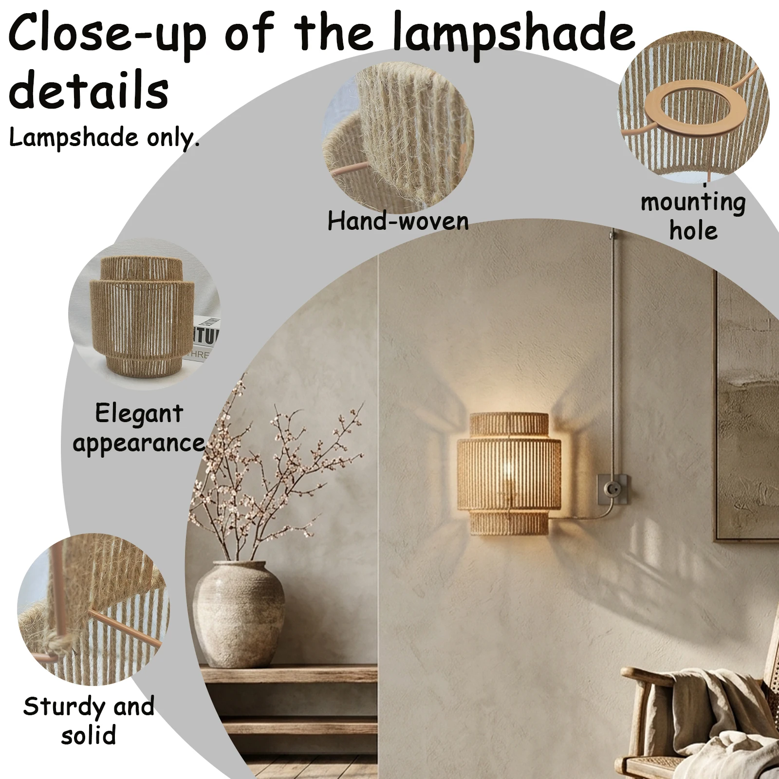 Boho Woven Jute Rope Lamp Shade, Three Tier Cylinder Lantern Cover for Wall Sconce Pendant Bedroom