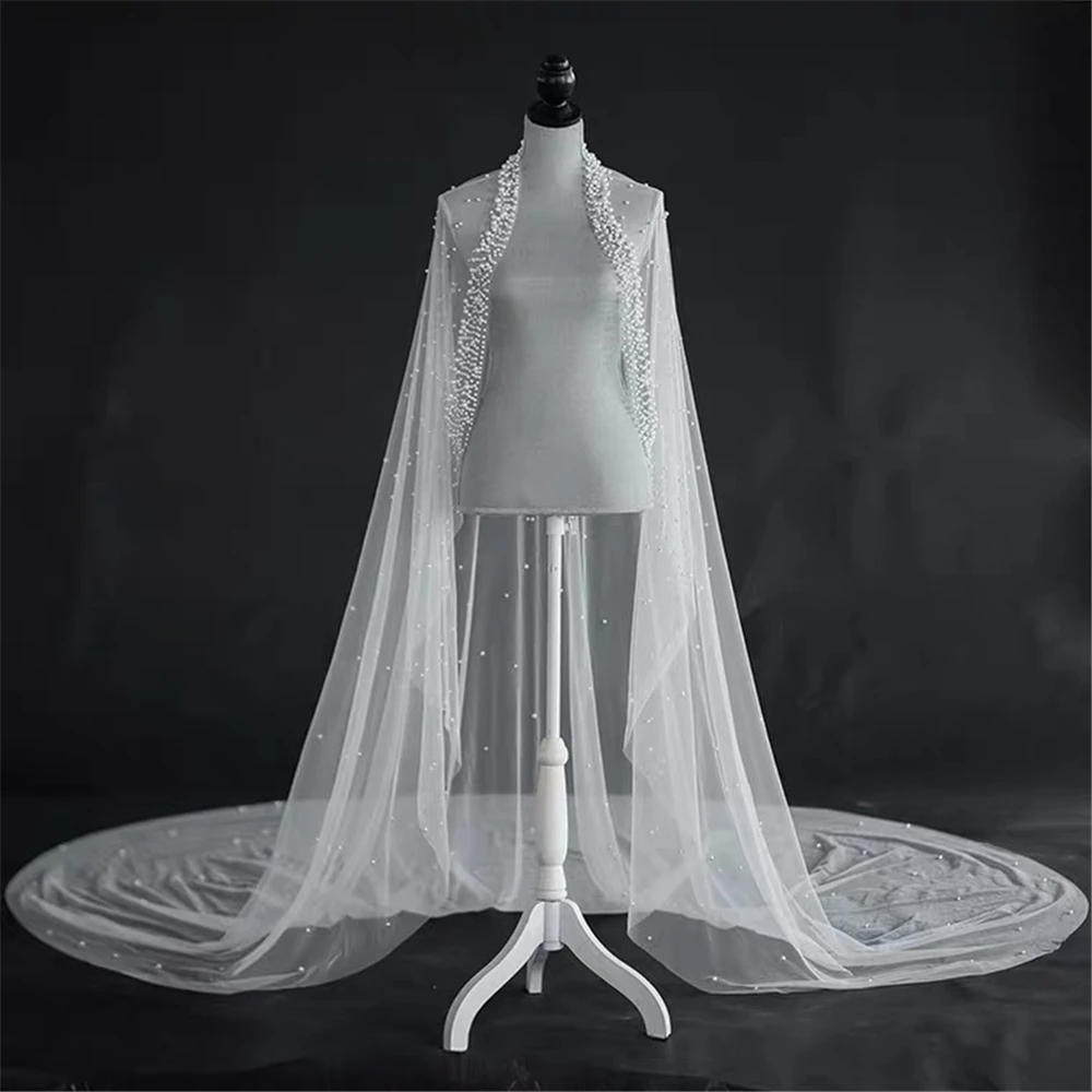 Pérolas véu de casamento 1 camada longo véu de noiva catedral com pérolas mantilla luxuoso tule cristal noiva véu acessórios para o cabelo