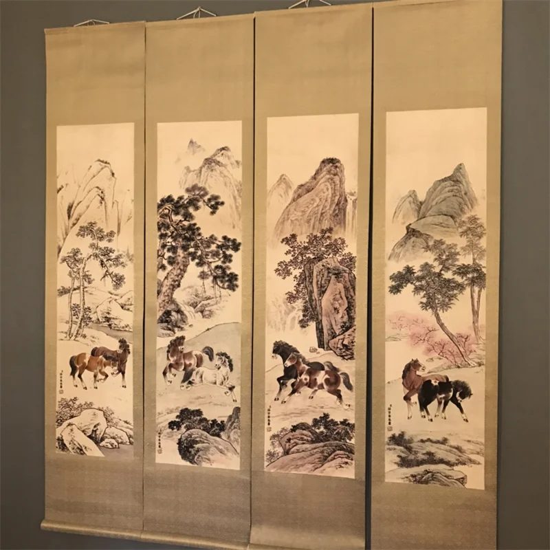 Collection of Chinese Scroll Four Couplet Mural Famous hand drawn artists Paintings Lang Shining's Eight Horses