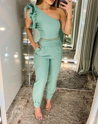 Women Jumpauits Temperament Commuting Female Clothes Pocket Design Casual Women's Elegant One Shoulder Ruffles Cuffed Jumpsuit