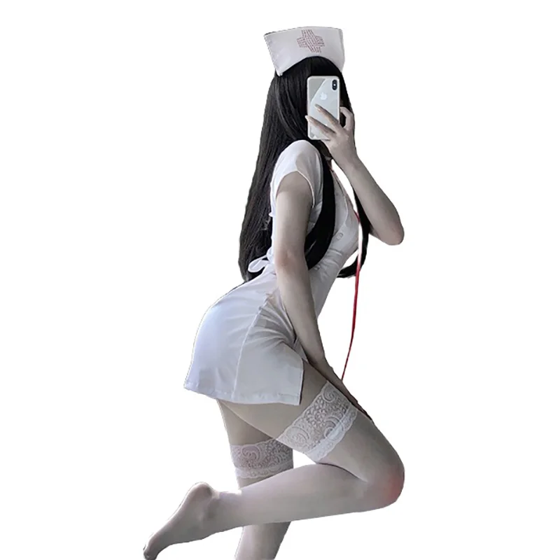 Japapese Anime Sexy Nurse Cosplay Uniform Family Doctor Roleplay Button Coat Nurse Fancy Short Dress With Hat Erotic Costume