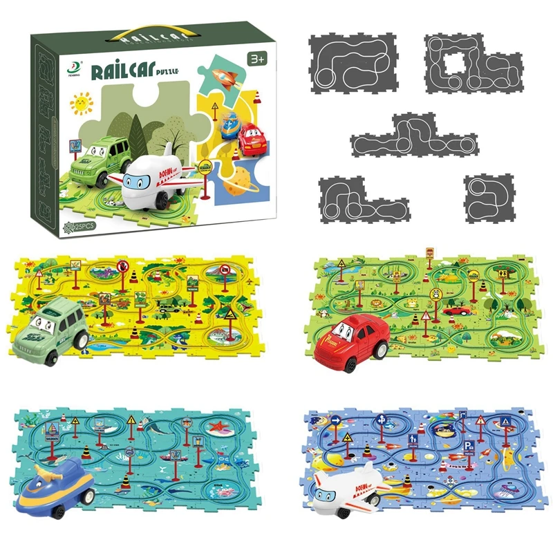 Children Puzzle Electric Railroad Speeder DIY Assembly Electric Car Automatic Rail City Scene Mini Road Signs Education Toy Gift