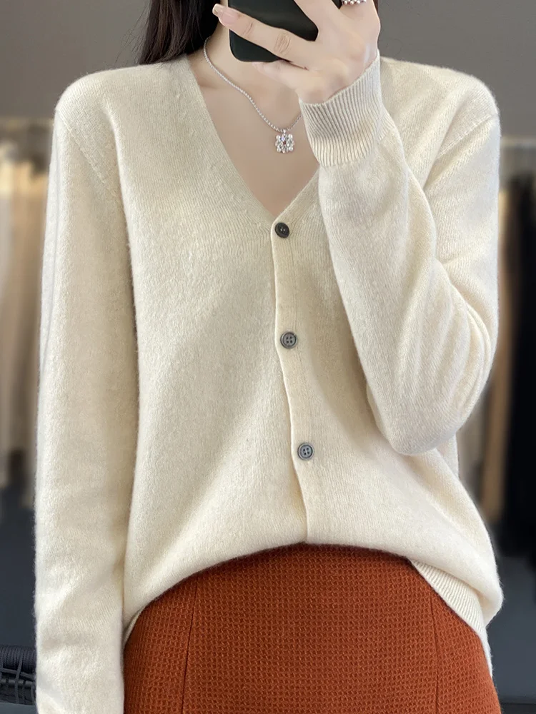 

100% Merino Wool Cardigan Sweater Women Knitwear Autumn Winter Clothes Female High Quality Casual V-neck Basic Style Soft Tops