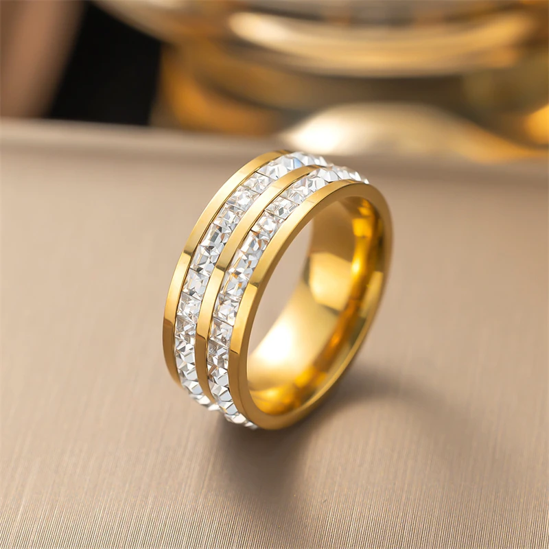 316L Stainless Steel Fashion Fine Fine Jewelry 3 Metal Colors Embedded Dazzling Single Double Row Zircon Rings For Women Male