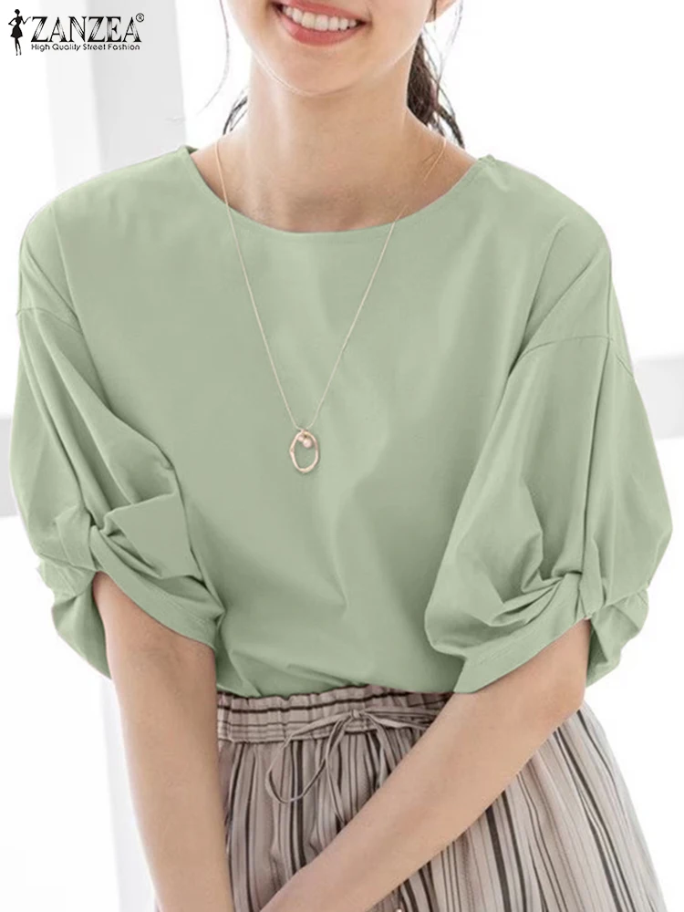 

ZANZEA Simple Short Sleeve Twisted Shirt Women Korean Summer Tops 2024 Holiday O-neck Blusas Fashion Solid Color Blouse Femme