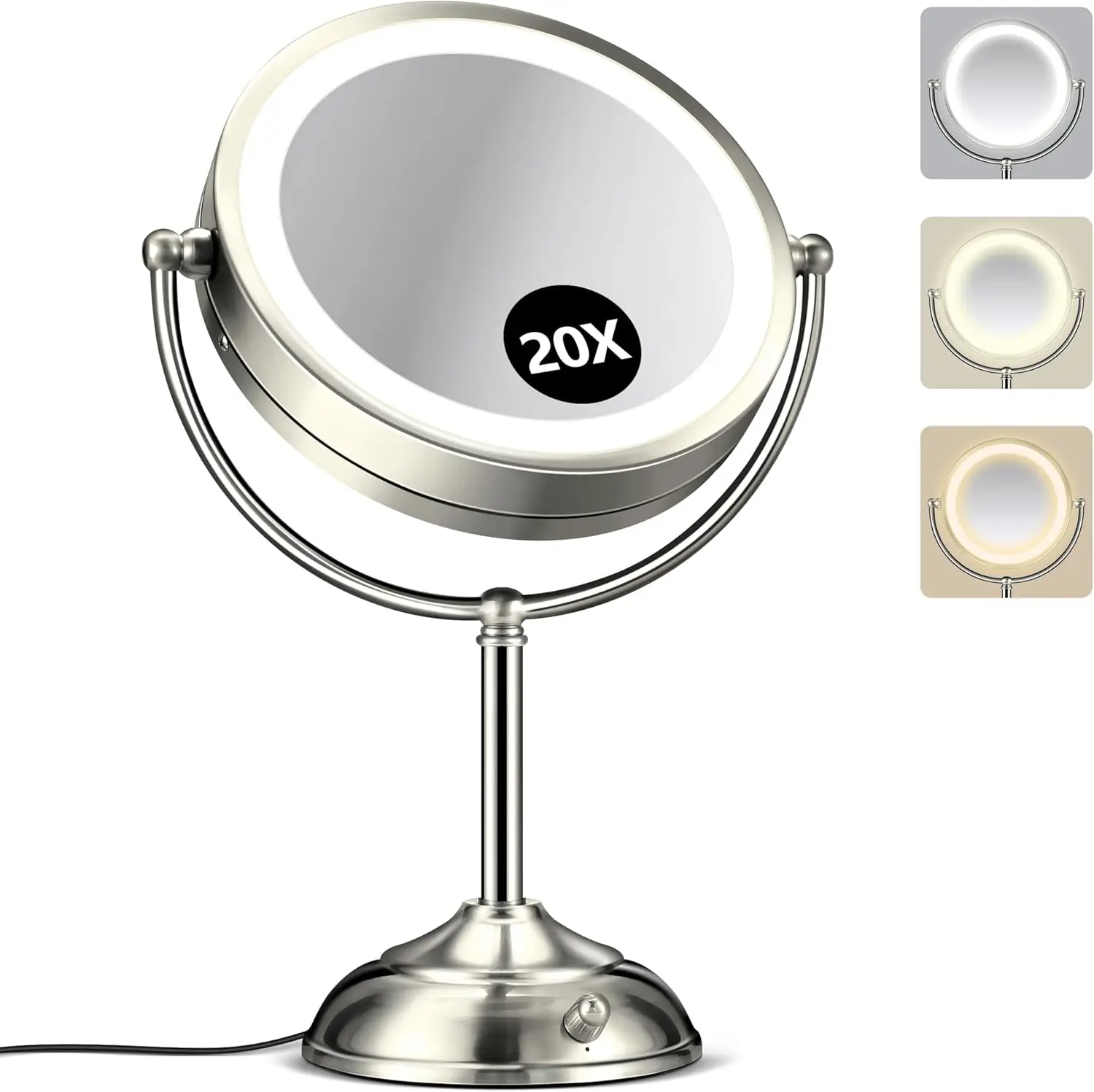 20X Large Lighted Makeup Mirror, Rechargeable 8.6"" Magnifying Makeup Mirror, 30-Minute Timer,3 Color Modes, Adjustable