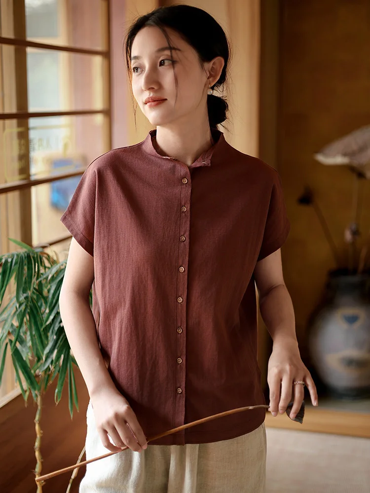 

Women Cap Sleeve Shirt Cotton Standing Collar Blouse Tops Summer Clothing
