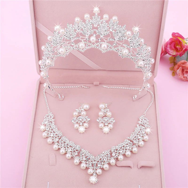 Wedding Jewelery Set Rhinestone Jewellery Necklace Sets for Women Crystal Pearl Earrings Bridal Jewelry Sets Crown Tiara Bride