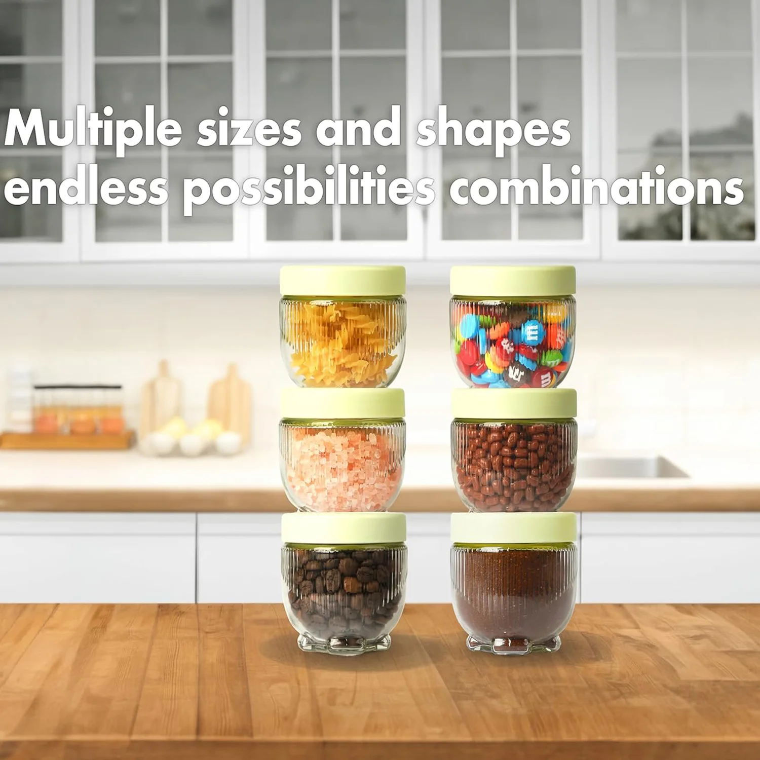 6 Pack Stackable Glass Airtight Food Storage Jars, with Snap Function Screw Lid for Fruit Cereal Coffee Bean Spice Sugar Yogurt