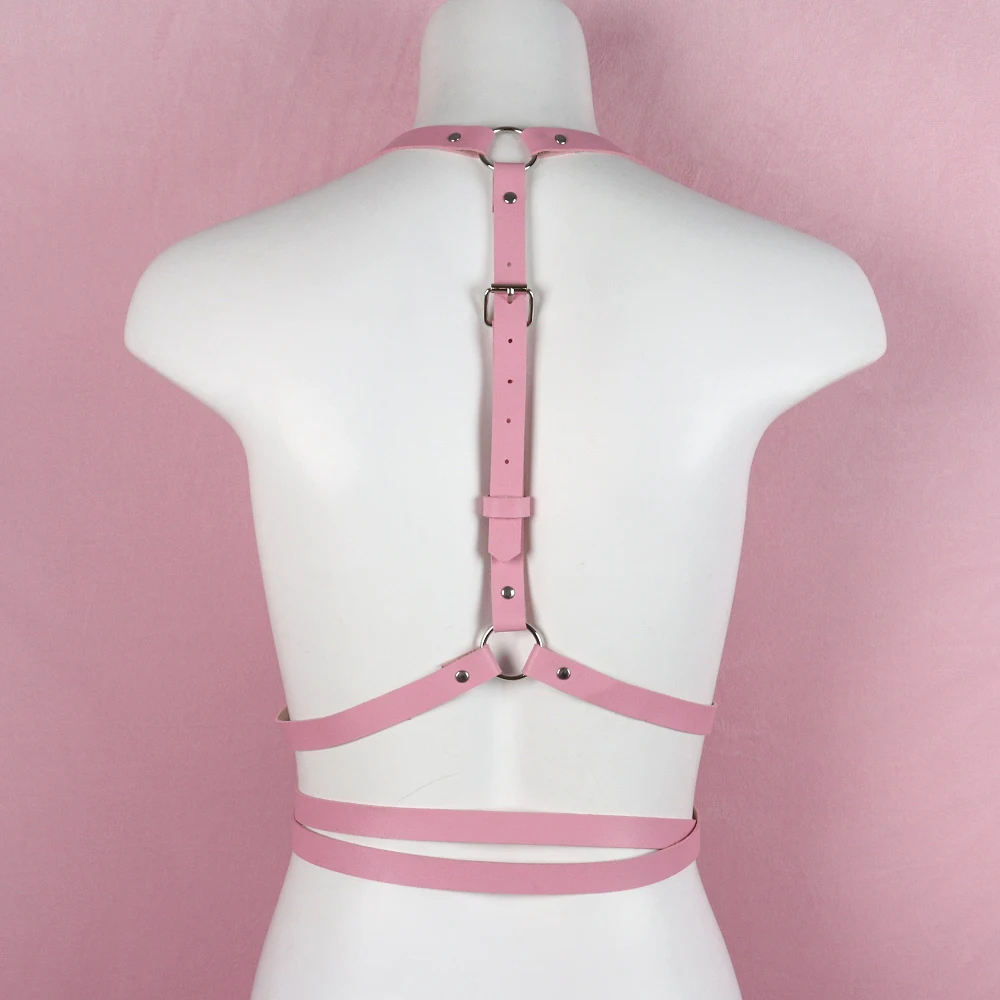 PINK Leather Cage Gothic Garter Belt Body Straps Lingerie Women Suspenders Harajuku Body Bondage Thigh Harness Stockings Goth