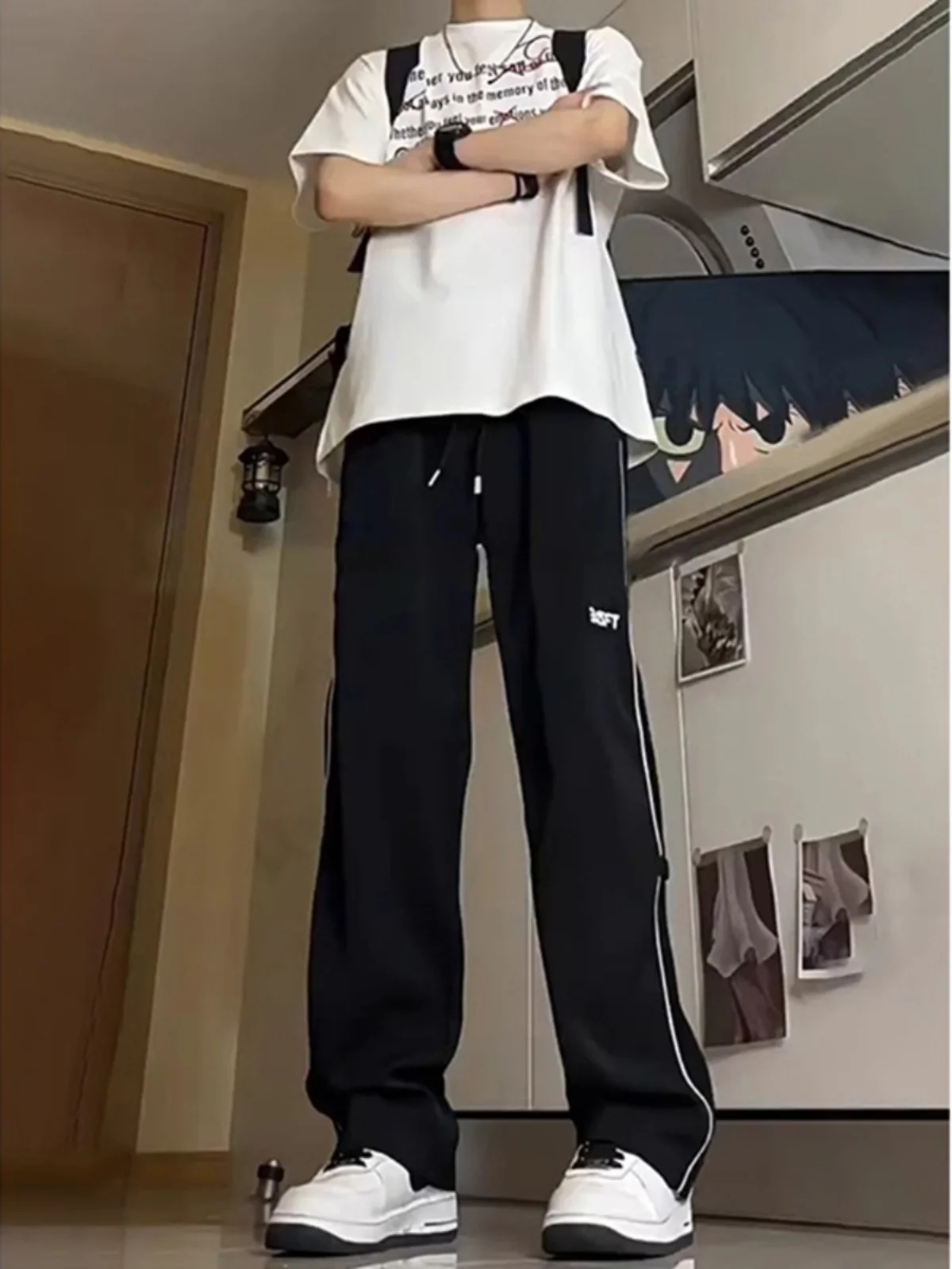 

Ice Silk Qui Dry Stripe Sports Pants Men's Summer Thin Bla Low Waist Slimming American Casual Pants Loose Fit Leisure Sle