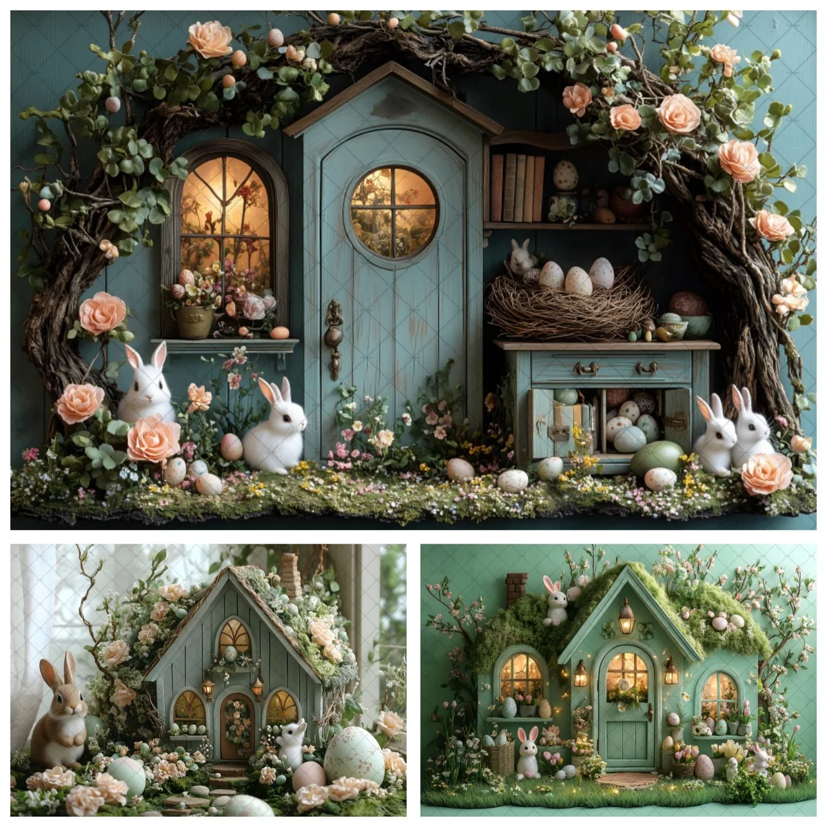 Spring Easter Backdrop Photography kids Portrait Newborn Baby Shower Background Wooden Door Flower Egg Decor Photo Studio