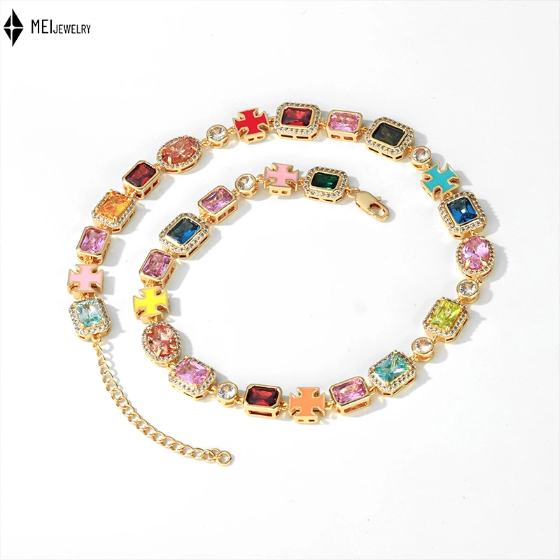 

Hip Hop Light Luxury Drip Oil Cross Colored Cubic Zirconia Necklace Bracelet Jewelry Set Men Accessories Customization