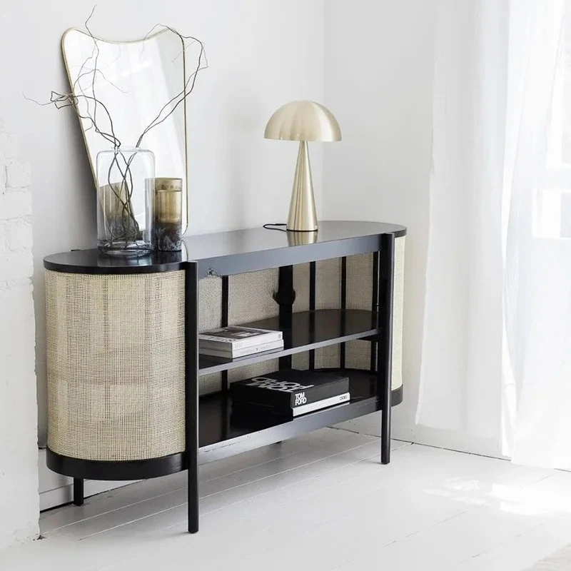 

HJ обеденный боковой шкаф из цельного дерева из ротанга в стиле ретро, домашняя стена, простой входной шкаф для хранения в гостиной