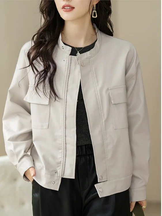 Women's ort Pure Color Jaet Versatile PU Leather Coat Casual Sle Long Sve Regular Length Autumn Winter Faion