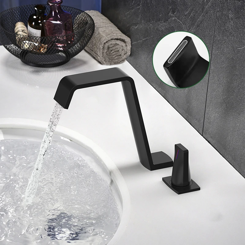 Bathroom Waterfall Basin Faucets Single Handle 2 Holes Deck Mount 7 Font Hot And Cold Luxury Wash Tap For Sink Black Chrome