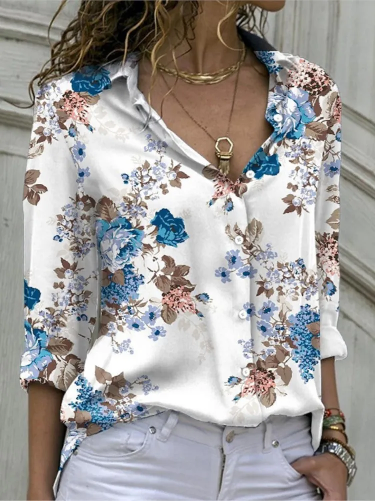 Spring Summer Women's New Fashion Printed Flower Long-sleeved Lapel Slim Casual Loose Comfortable Buttoned Shirt