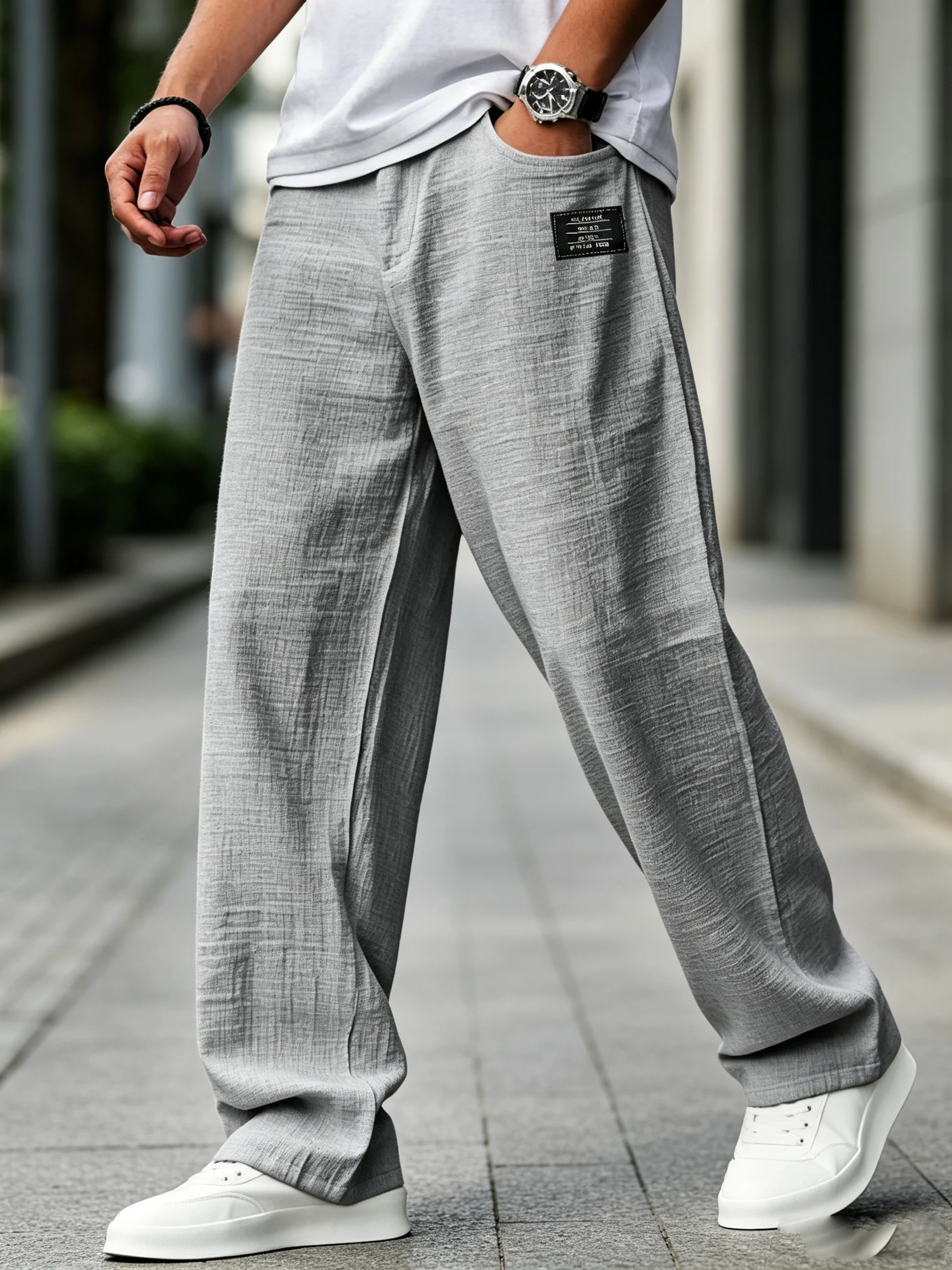 Men's Baggy Pants: Men's Retro Cotton Blend Wide-Leg Trousers W/ Side Label, Lightweight Loose Straight Fit Hip Hop Streetwear