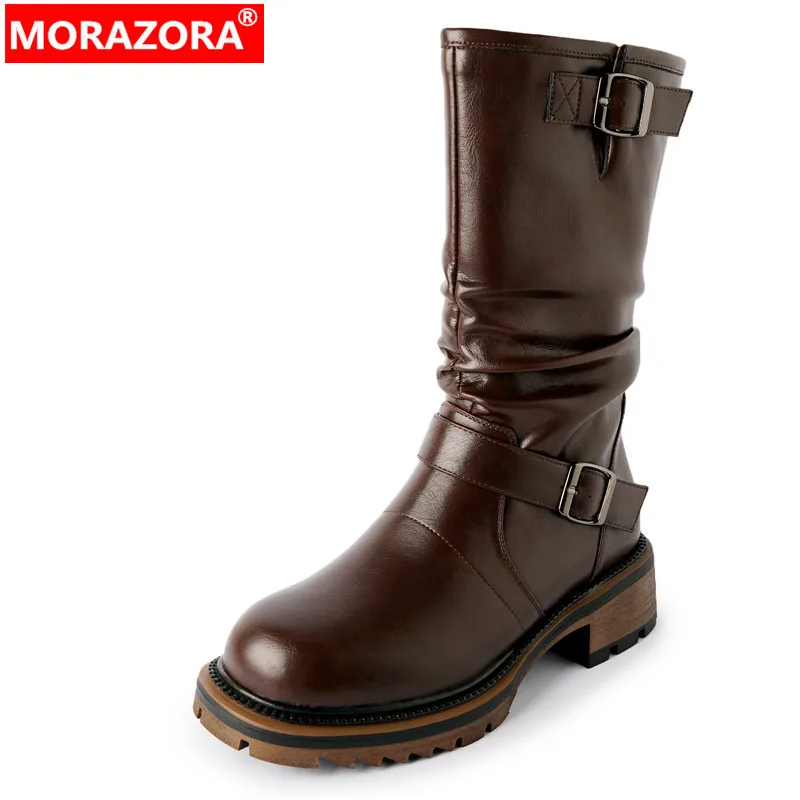 

MORAZORA 2024 New Top Sale Pleated Slip On Mid Calf Boots Genuine Leather Winter Boots Women Square Med Heels Platform Boots