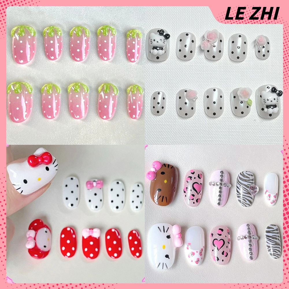 

Sweet Lovely Sanrio Hello Kitty Polka Point Handmade False Nails Flower Bow Leopard Print Diamond Detachable Full Cover Nail