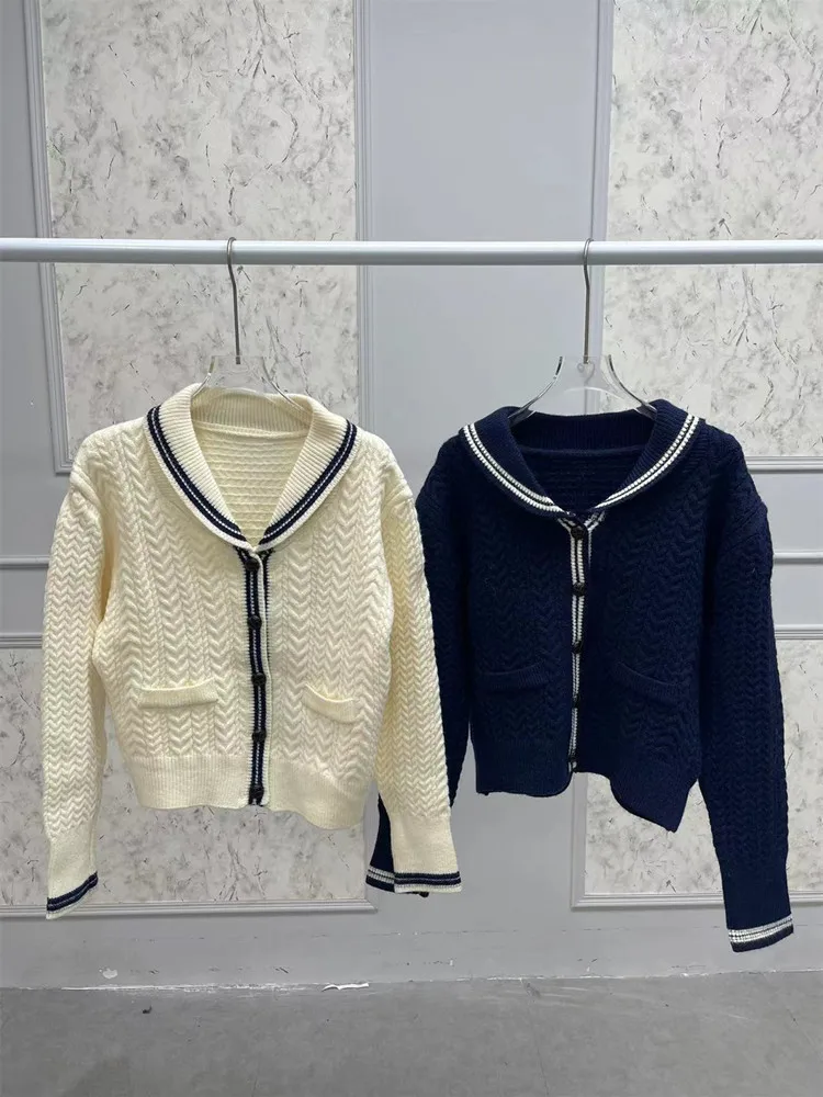 

Contrast Color Women Twisted Knit Cardigan 2024 Autumn Winter Turn-Down Collar Preppy Style Female Wool Blends Sweater Top